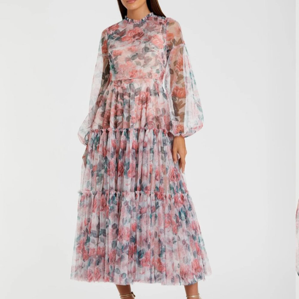 Mac Duggal High Neck Long Balloon Sleeve Midi Dress